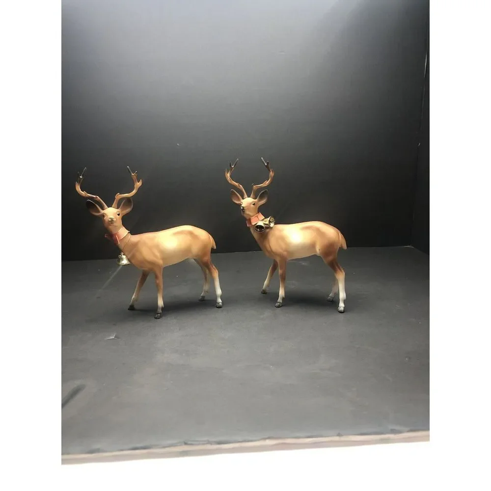 2‎ Vintage Hard Plastic Blow Mold Deer, Doe, Standing, Walking Reindeer, 6
